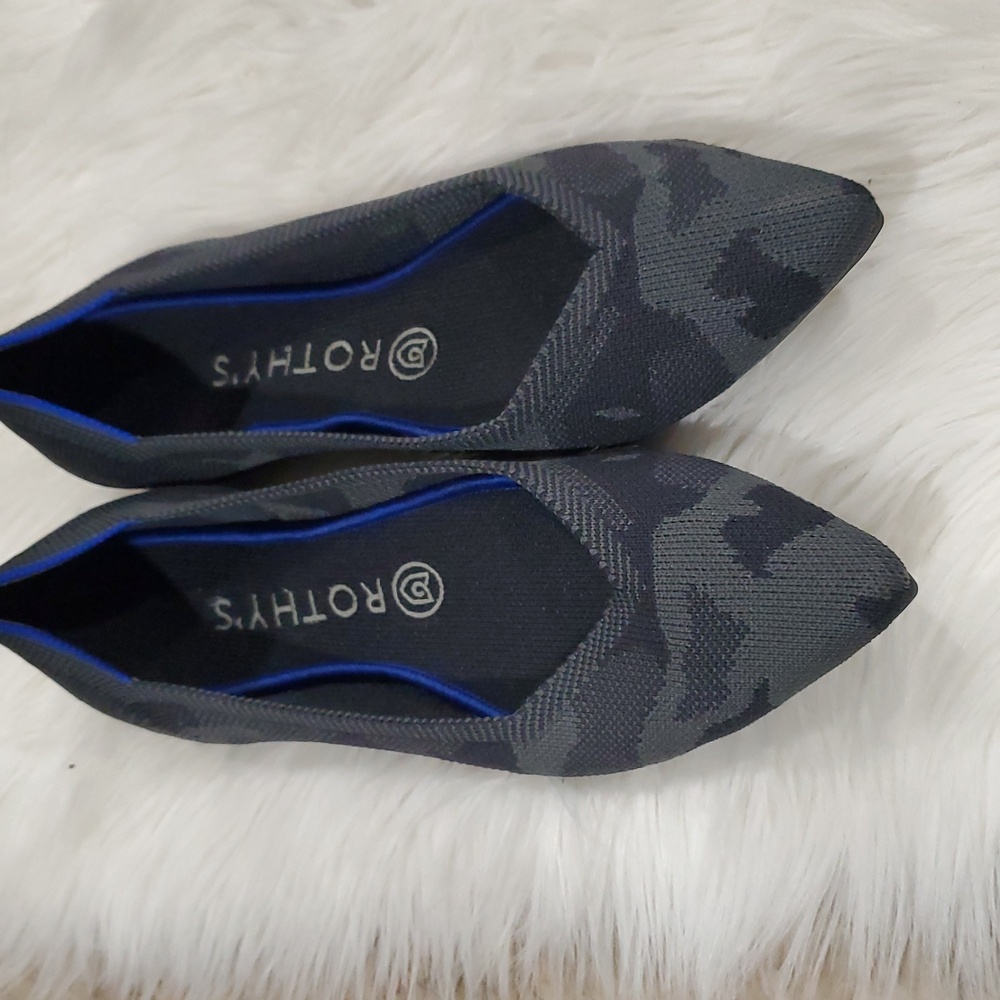 Rothy's The Point  Gray Camo  Flats with Sleek Pointed Toe and Blue Trim - Picture 2 of 16